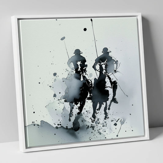 Thundering Polo Pursuit polo horse canvas wall art in white frame