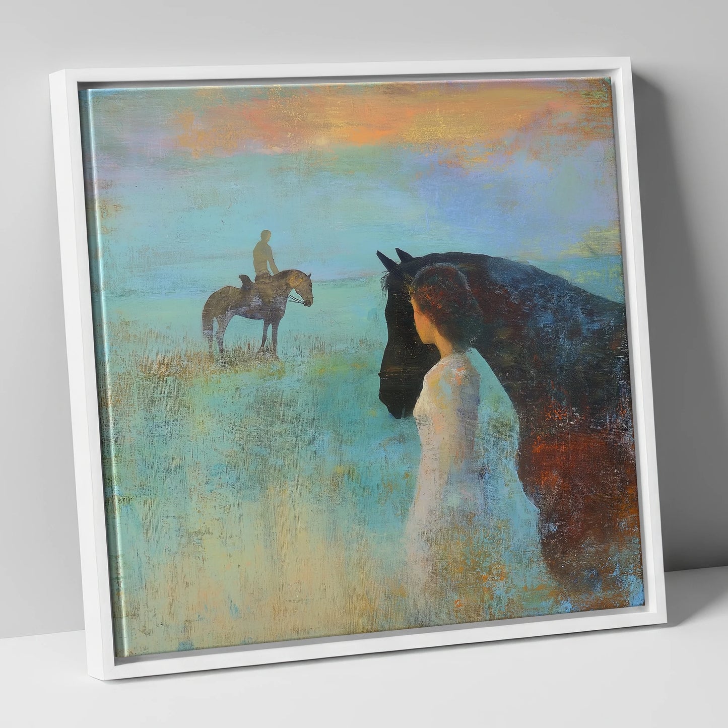 Distant Echoes horse & rider canvas wall art in white frame