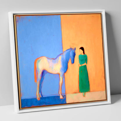 The Silent Dialogue horse & rider canvas wall art in white frame