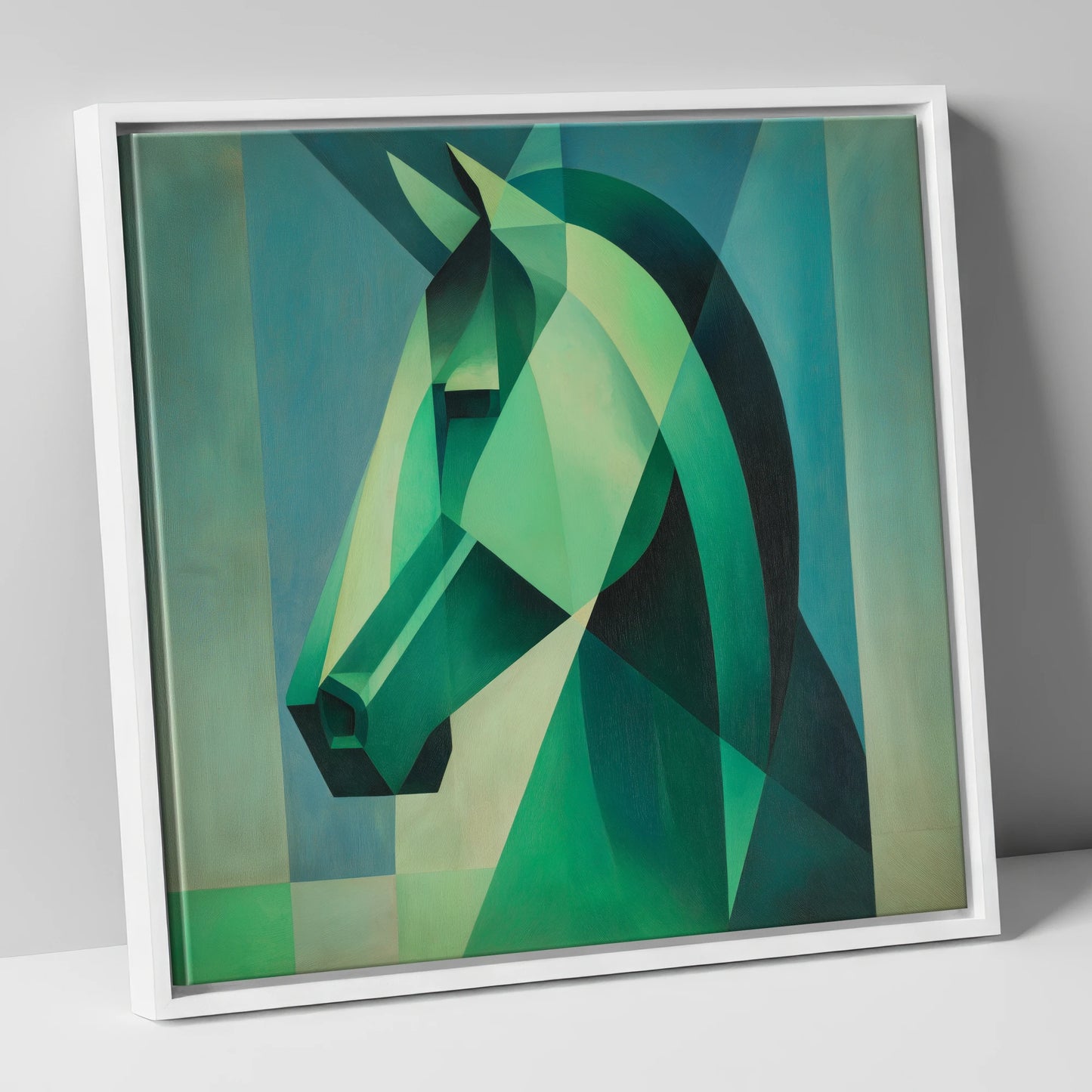 Emerald Geometric Equine horse portrait canvas wall art in white frame