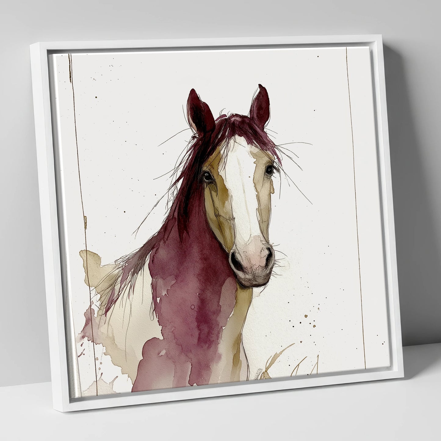 Plum Wash Equine Portrait horse portrait canvas wall art in white frame