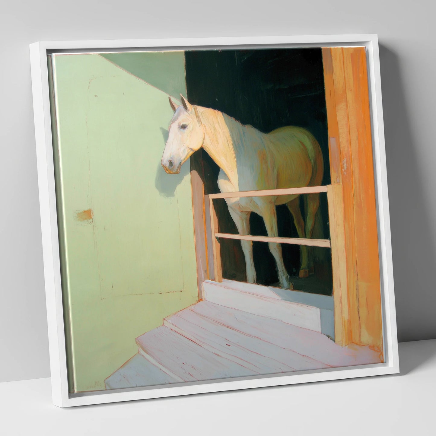 Sunlight and Shadows horse stable canvas wall art in white frame