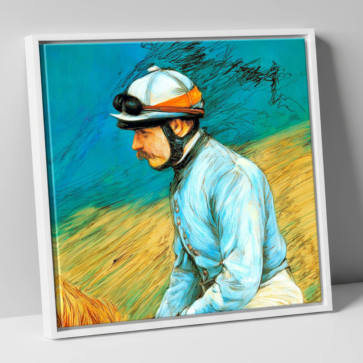 The Cerulean Silks racing horse canvas wall art in white frame
