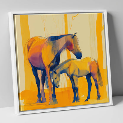 Saffron Mare and Foal horse landscape canvas wall art in white frame