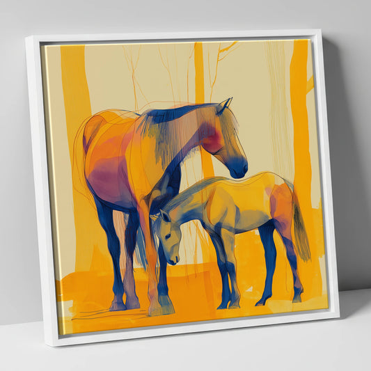 Saffron Mare and Foal horse landscape canvas wall art in white frame