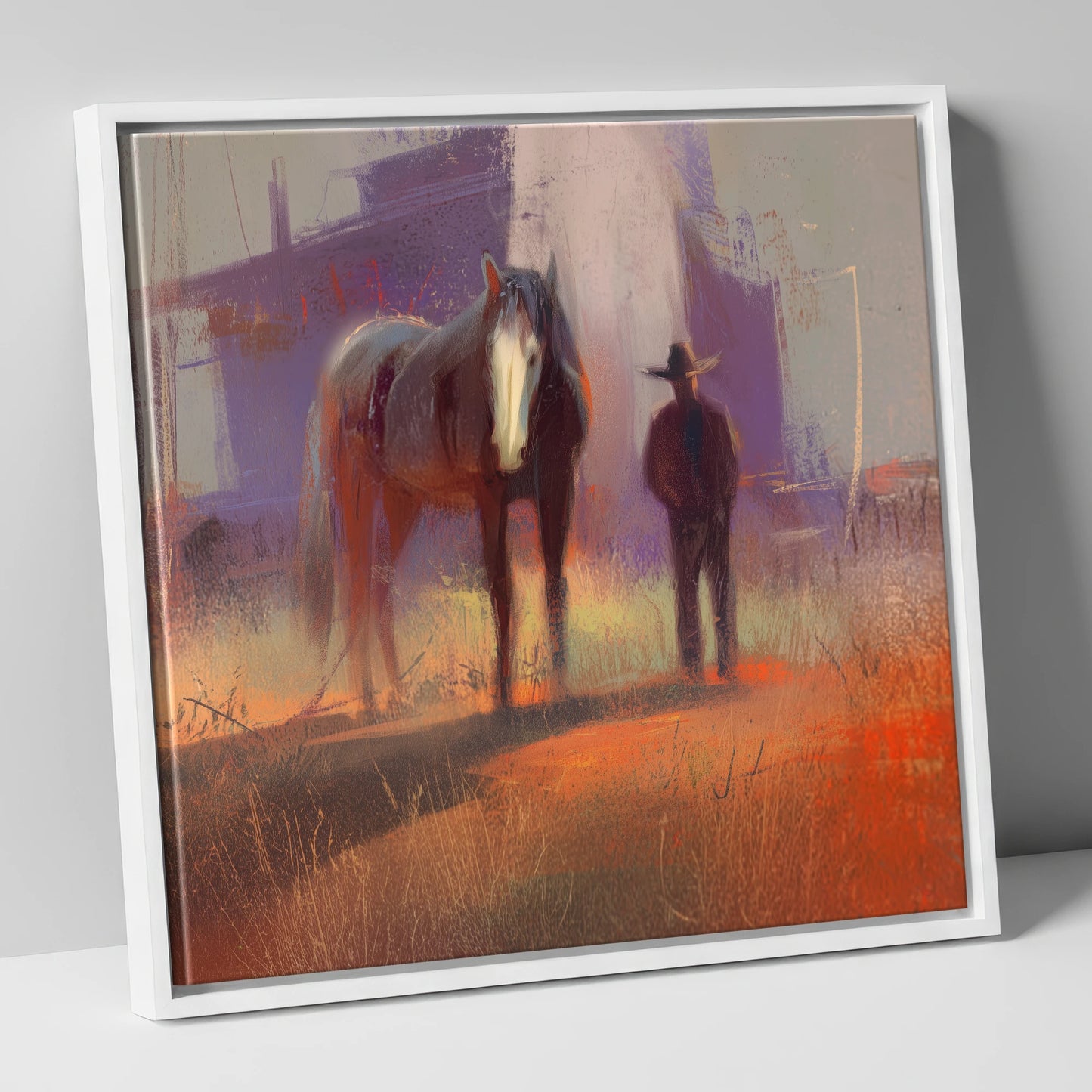 Sundown on the Trail western horse canvas wall art in white frame