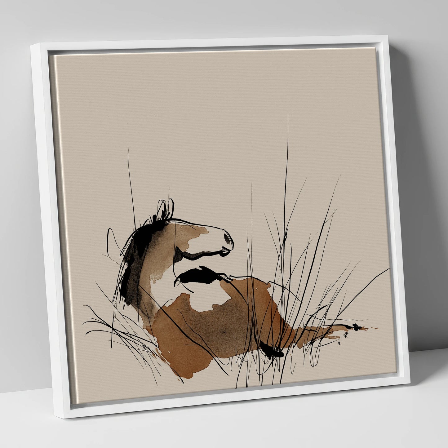 Alert in the Grass horse portrait canvas wall art in white frame