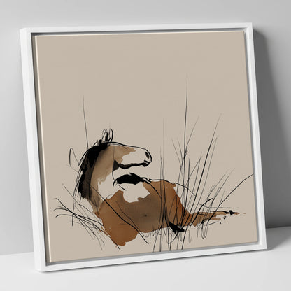 Alert in the Grass horse portrait canvas wall art in white frame