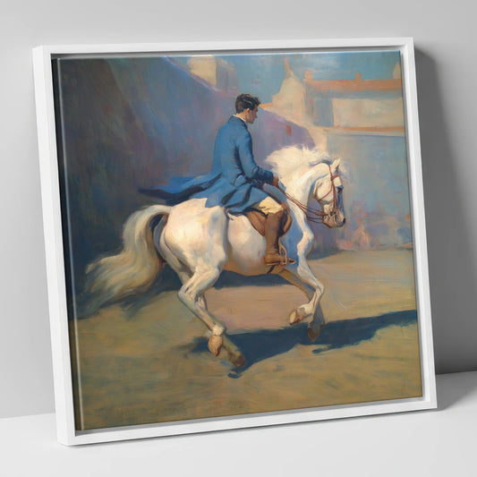 Grace in Blue and Grey dressage horse canvas wall art in white frame