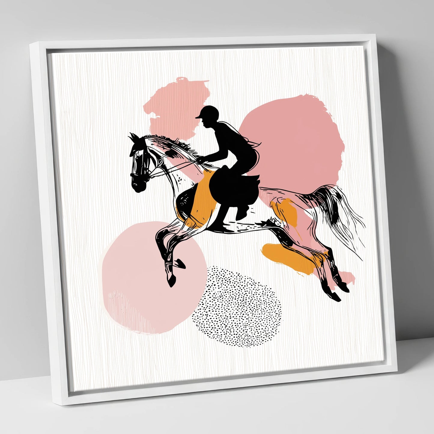 Abstract Equine Flight show jumping horse canvas wall art in white frame