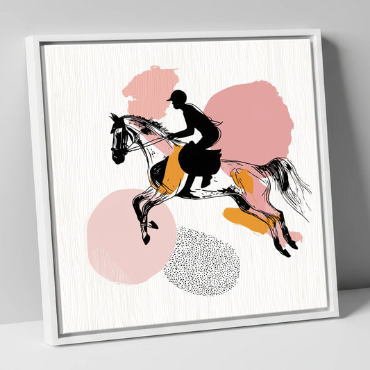 Abstract Equine Flight show jumping horse canvas wall art in white frame