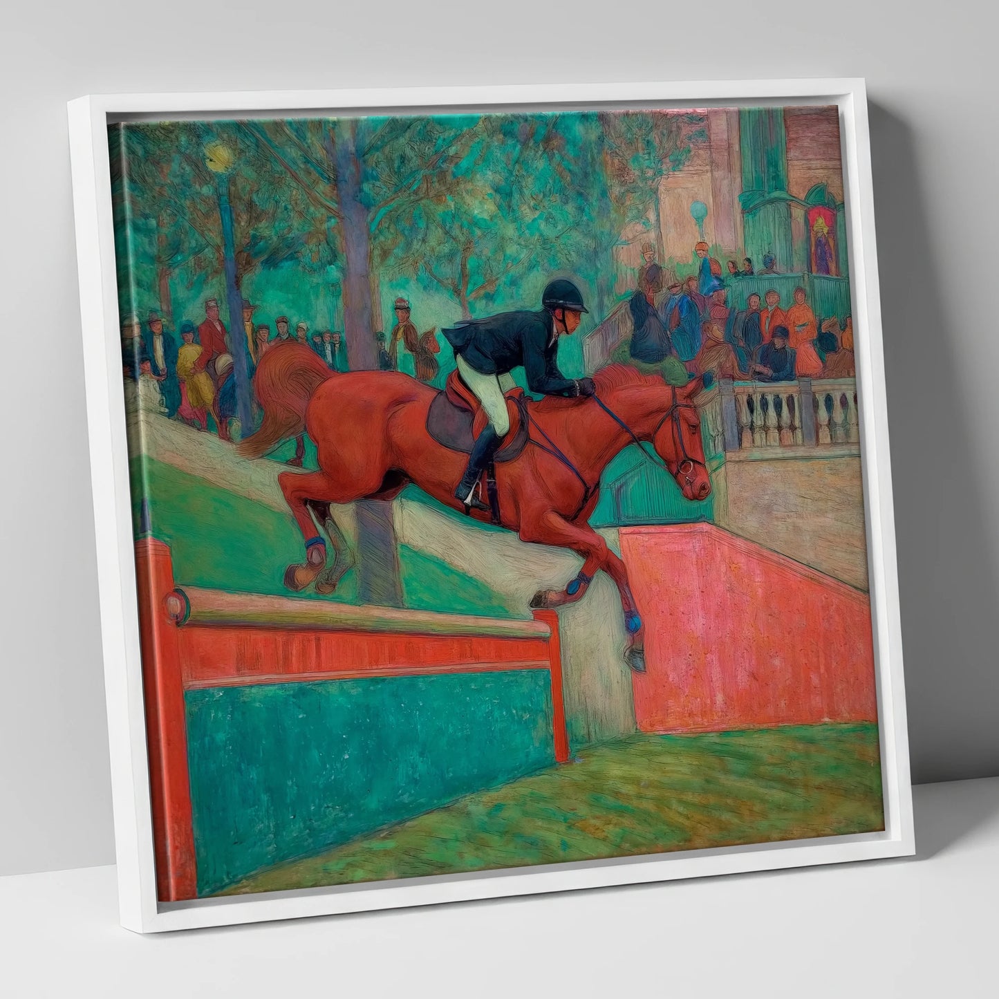 The Emerald Leap show jumping horse canvas wall art in white frame