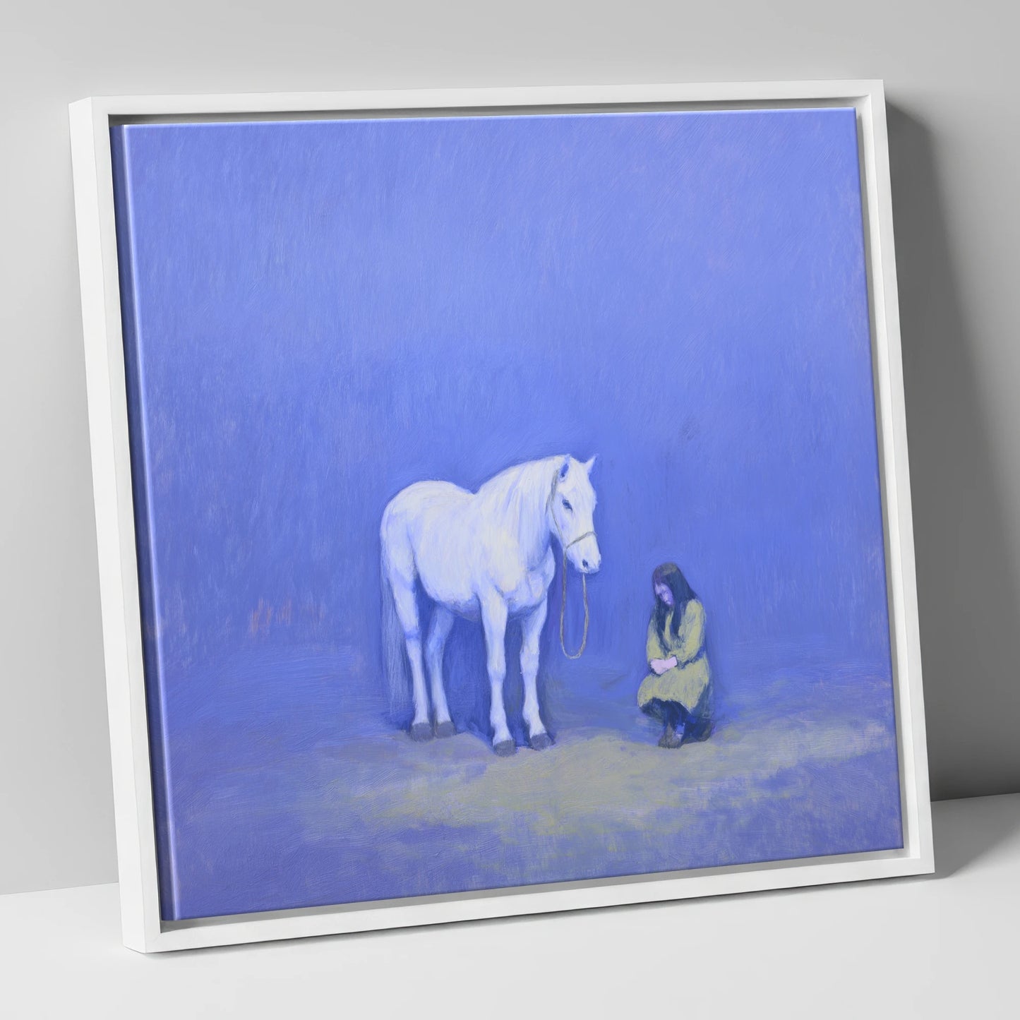 Solace in Azure horse & rider canvas wall art in white frame