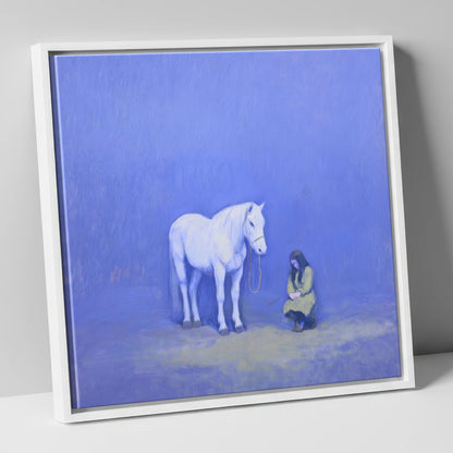 Solace in Azure horse & rider canvas wall art in white frame