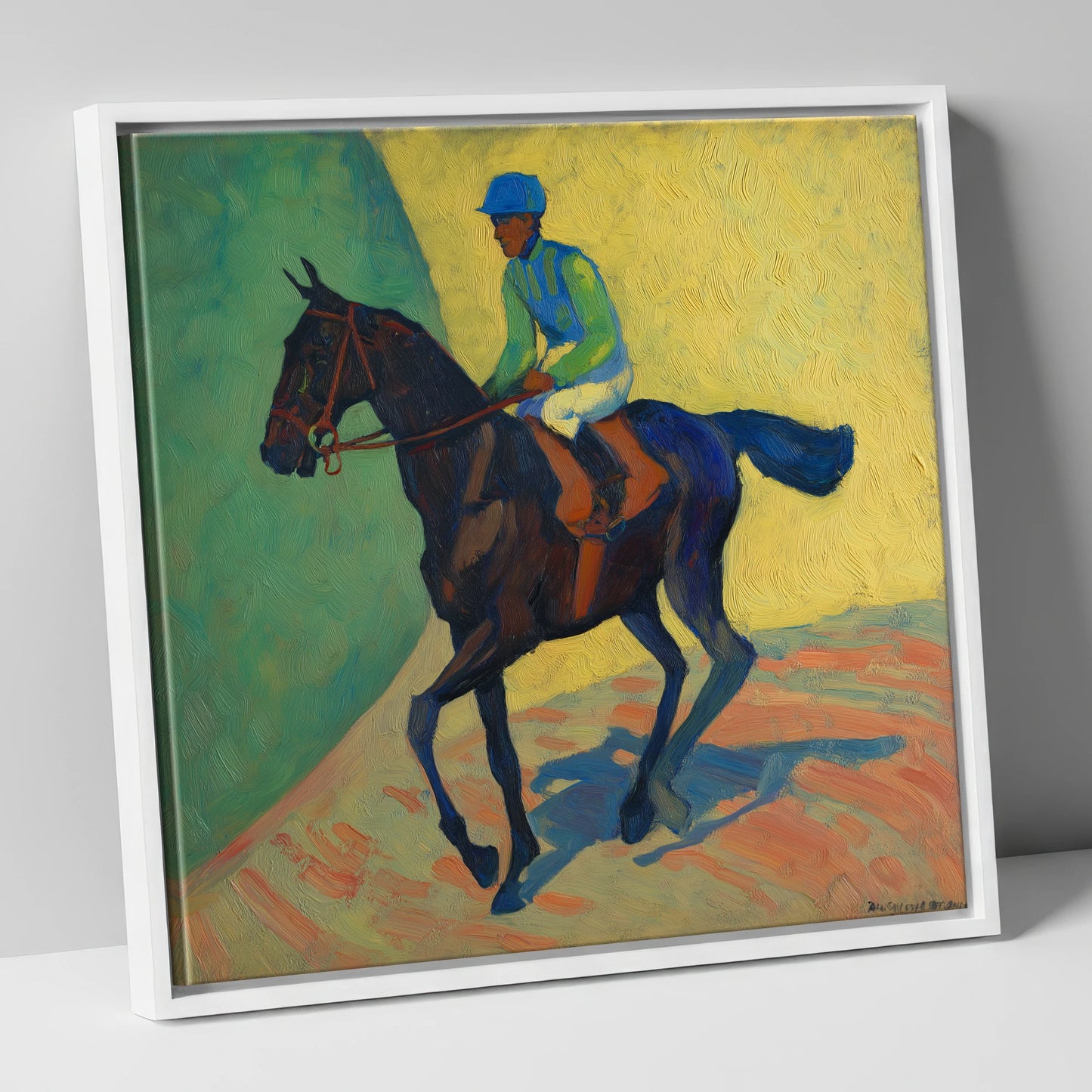 Vibrant Walk to Post racing horse canvas wall art in white frame