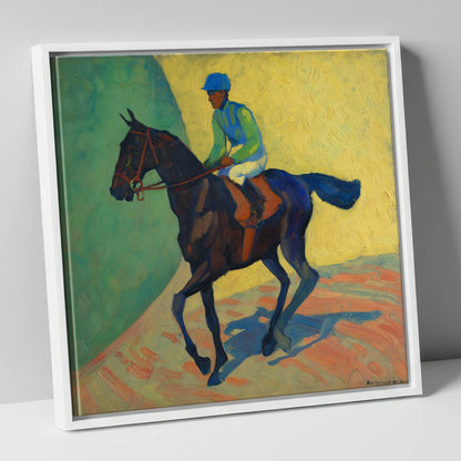 Vibrant Walk to Post racing horse canvas wall art in white frame