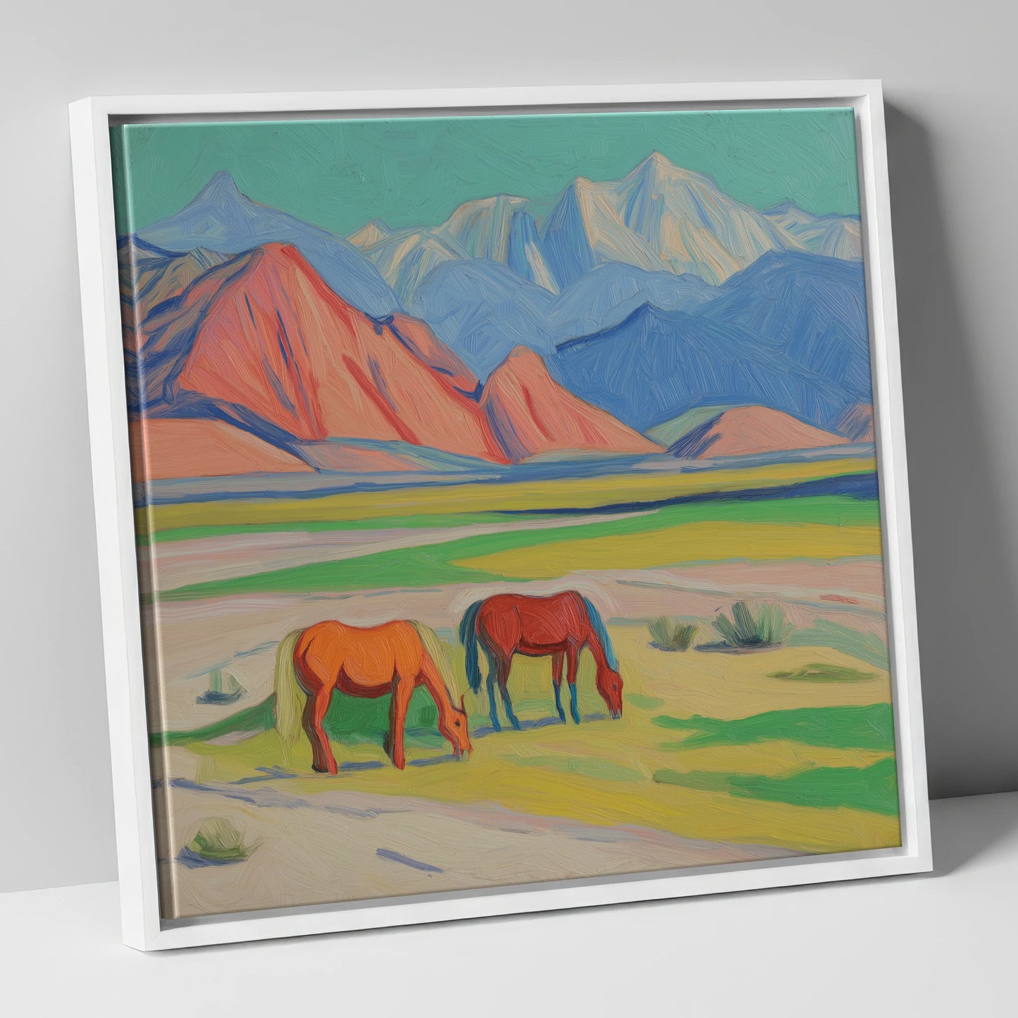 Vibrant Valley Pastures horse landscape canvas wall art in white frame