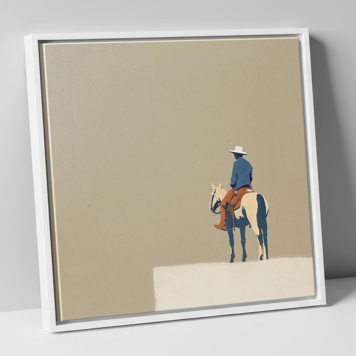 Western Rider on Paint Horse western horse canvas wall art in white frame
