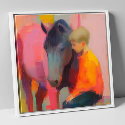 Vibrant Embrace horse & rider canvas wall art in white frame