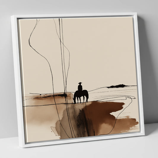 Western Rider Sepia Ink Silhouette western horse canvas wall art in white frame