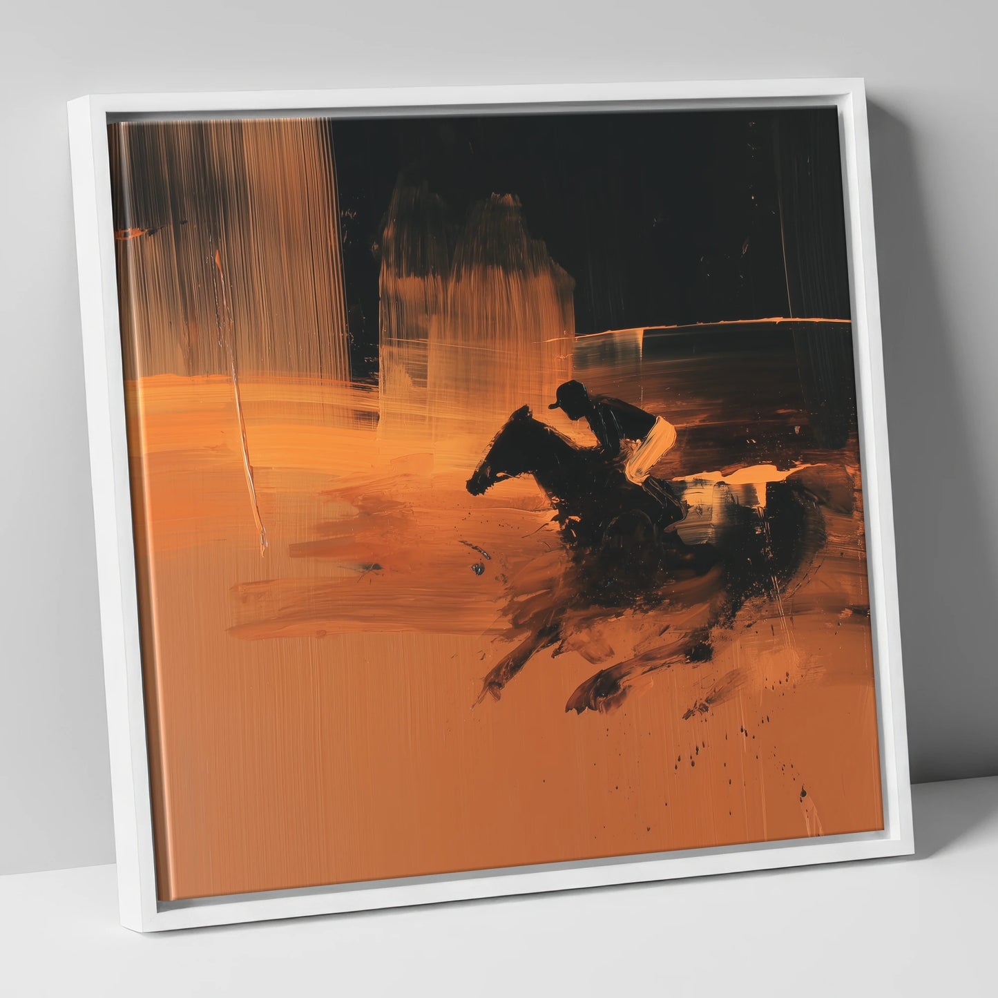 Amber Racing Silhouette racing horse canvas wall art in white frame