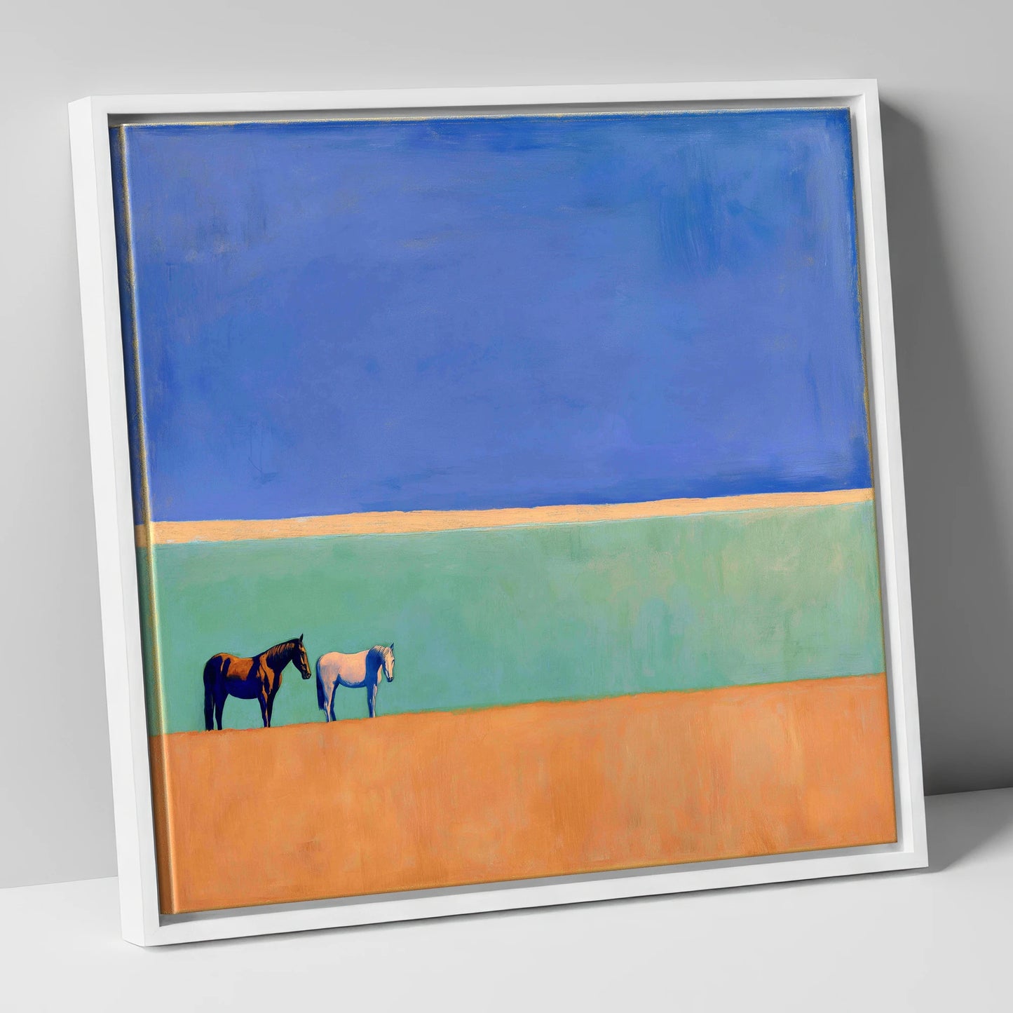 Sunlit Plain horse landscape canvas wall art in white frame