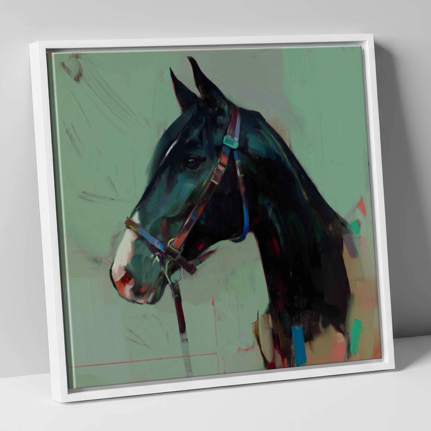 Midnight Profile in Teal horse portrait canvas wall art in white frame