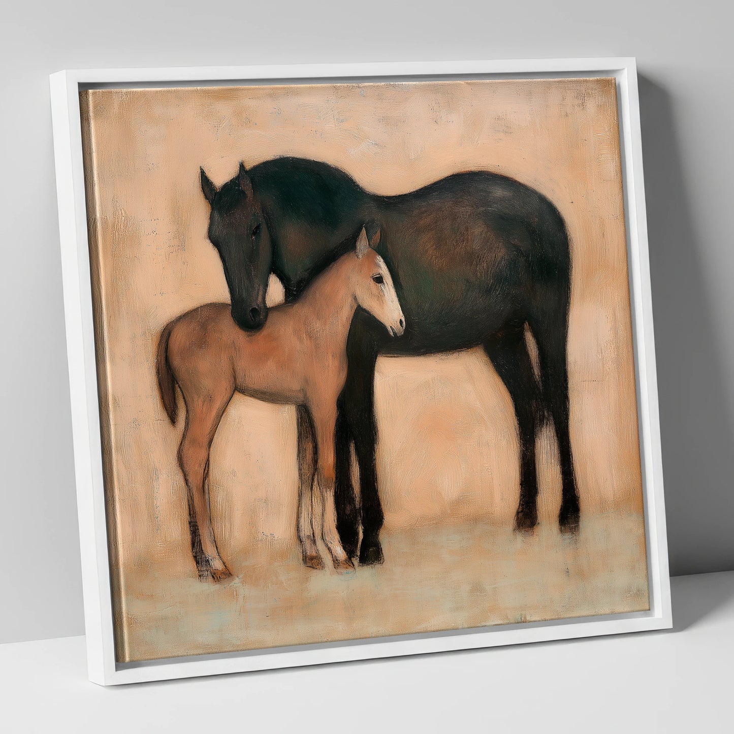 Quiet Affection mare & foal canvas wall art in white frame