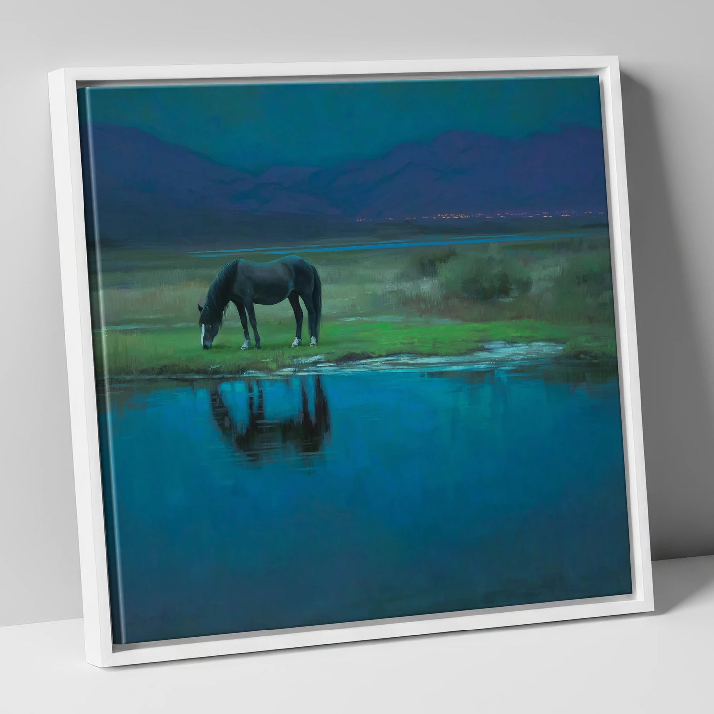 Midnight Reflection horse landscape canvas wall art in white frame