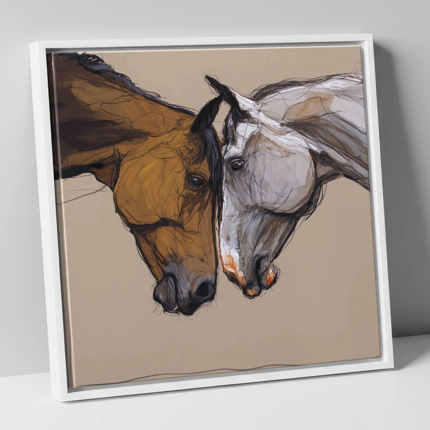 Kindred Spirits horse portrait canvas wall art in white frame