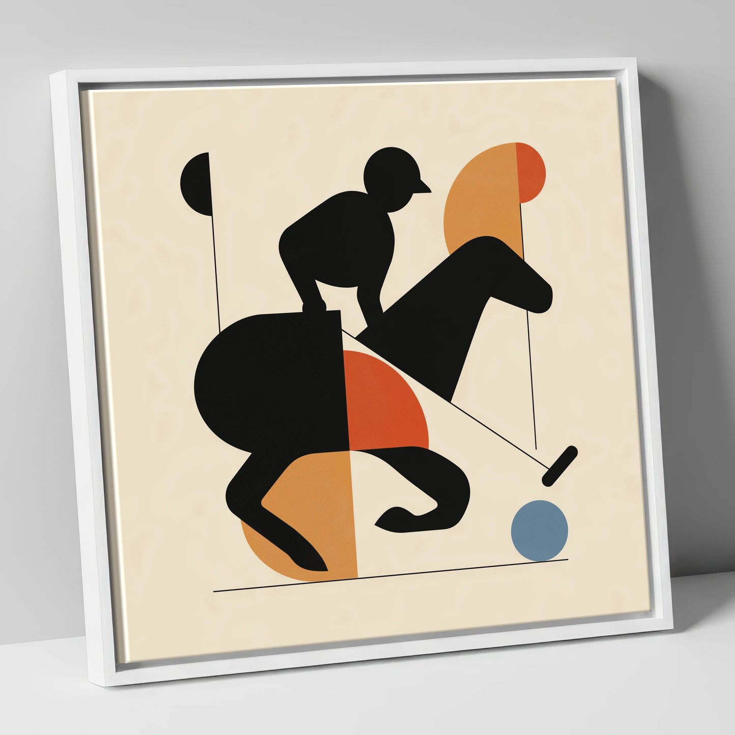 Mid-Century Polo Strike polo horse canvas wall art in white frame