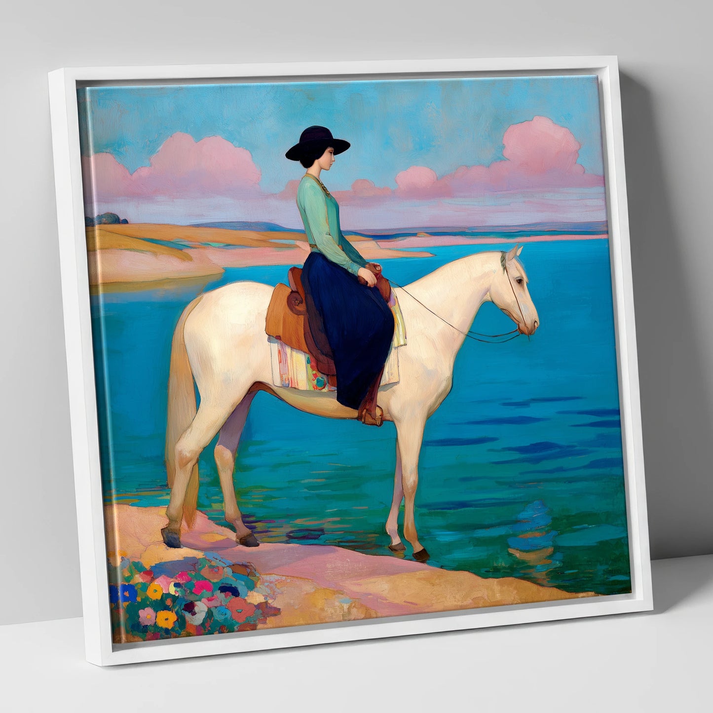 Coastal Reverie beach horse canvas wall art in white frame