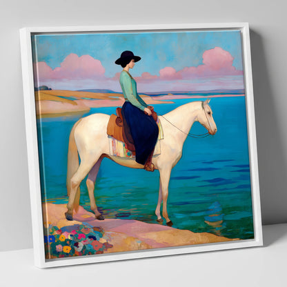 Coastal Reverie beach horse canvas wall art in white frame