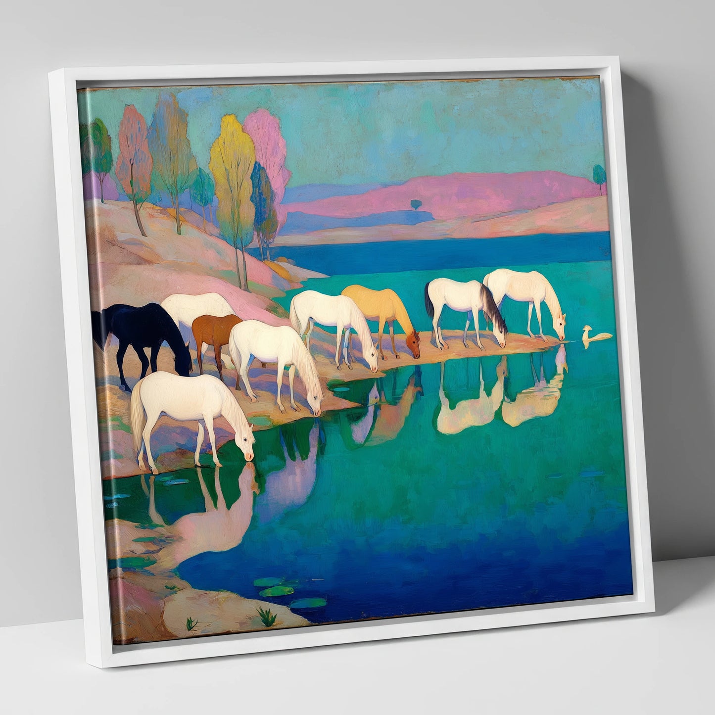 Reflections at Turquoise Waters wild horses canvas wall art in white frame