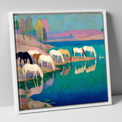 Reflections at Turquoise Waters wild horses canvas wall art in white frame