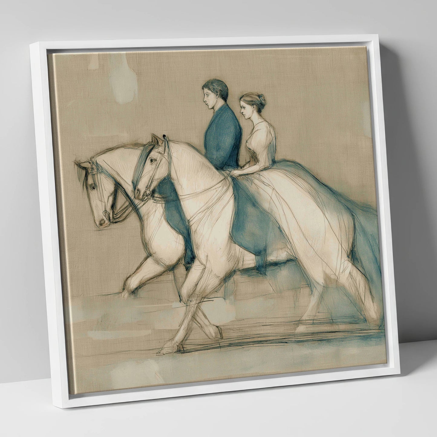 Quiet Companionship horse & rider canvas wall art in white frame