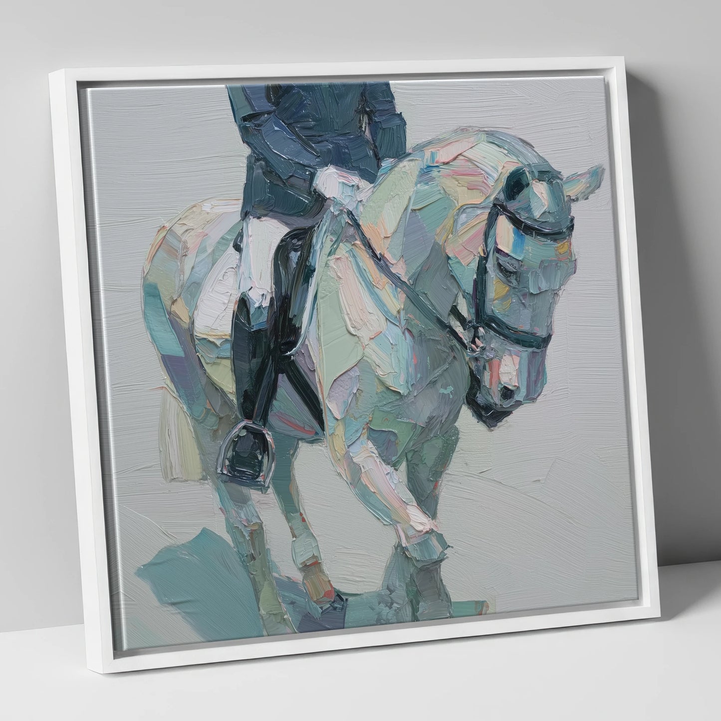 Collected In Pastel dressage horse canvas wall art in white frame