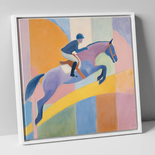 Harmony in Flight show jumping horse canvas wall art in white frame