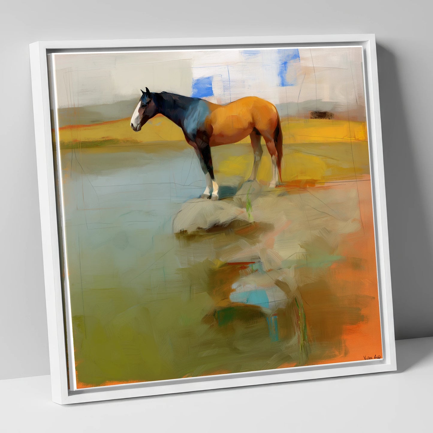 Vibrant Shoreline Reflection horse landscape canvas wall art in white frame