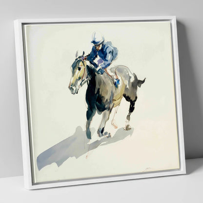 Mid-Stride in Indigo racing horse canvas wall art in white frame