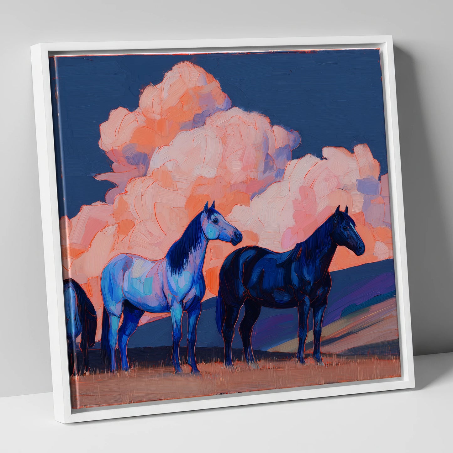 Indigo Horses Beneath Pastel Skies horse landscape canvas wall art in white frame