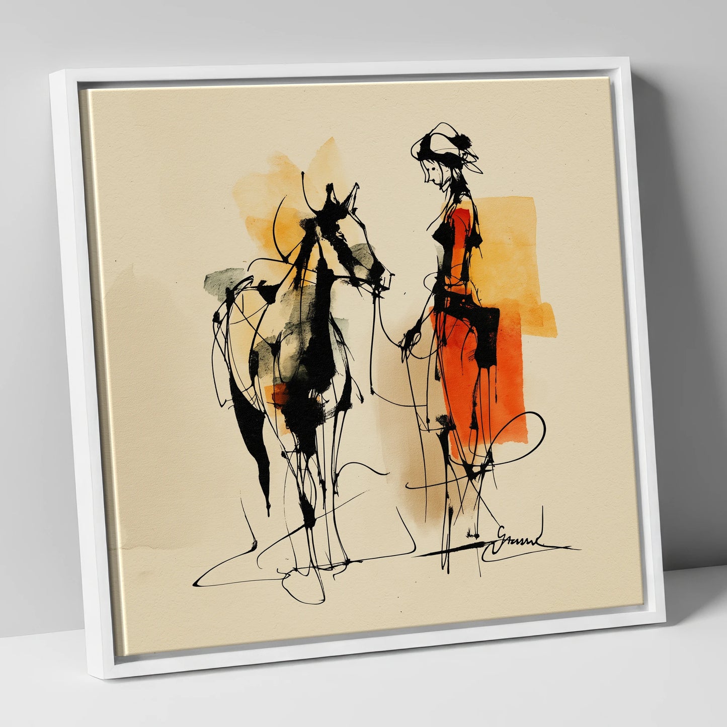 Tethered in Amber horse & rider canvas wall art in white frame