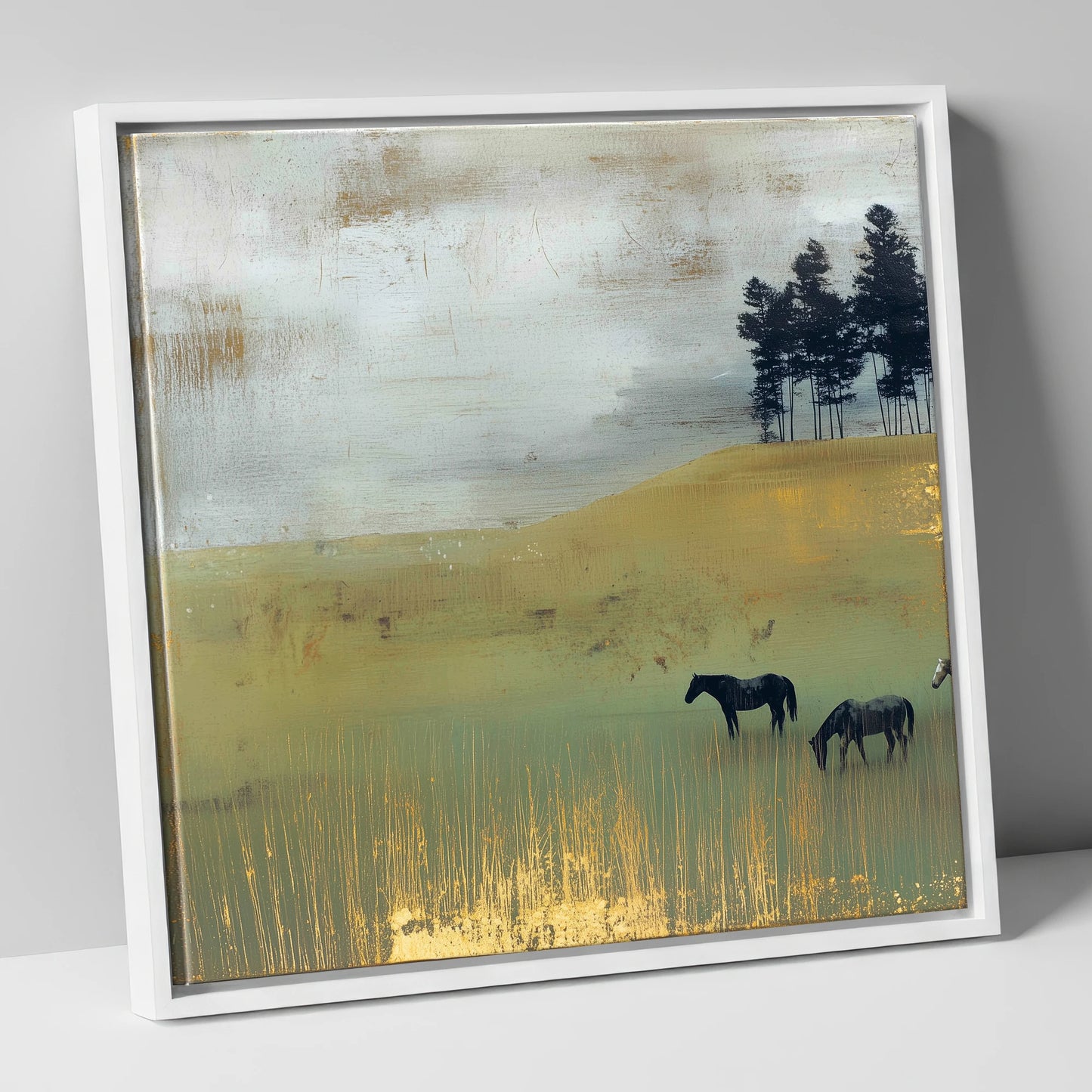Gilded Grazing wild horses canvas wall art in white frame
