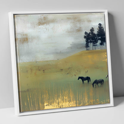 Gilded Grazing wild horses canvas wall art in white frame