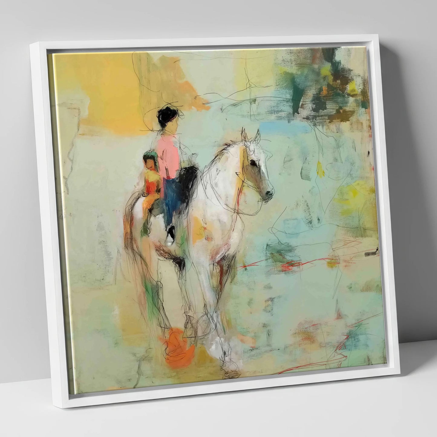 The Shared Ride horse & rider canvas wall art in white frame
