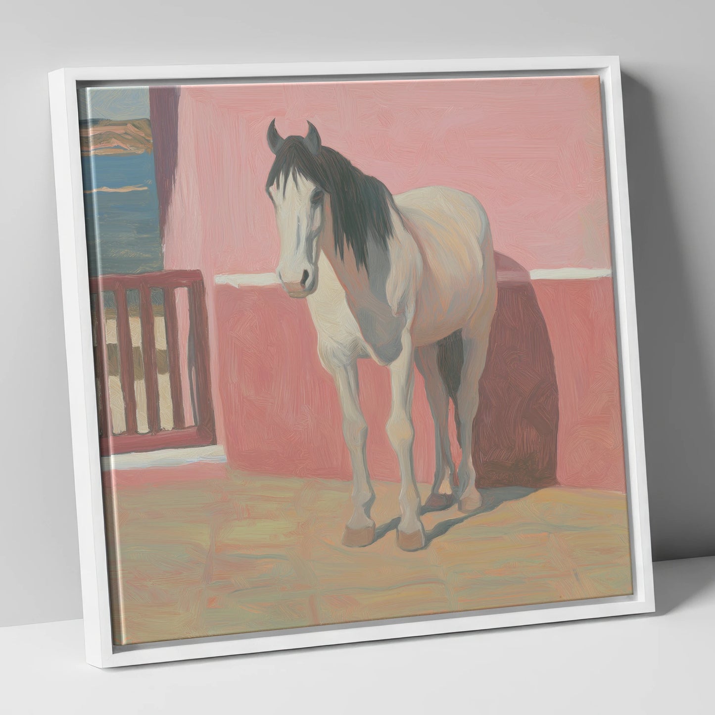 Coastal Courtyard Grey horse breed canvas wall art in white frame