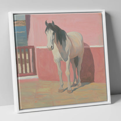Coastal Courtyard Grey horse breed canvas wall art in white frame