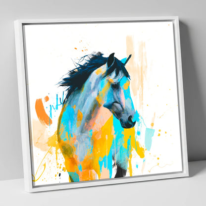 Teal and Amber Splendour horse portrait canvas wall art in white frame