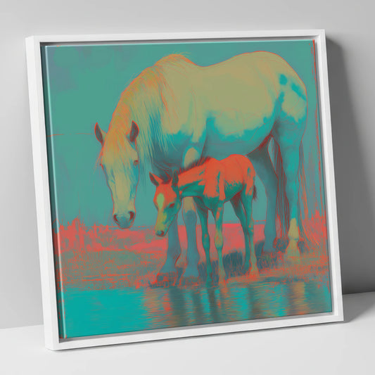 Electric Shoreline Bond mare & foal canvas wall art in white frame