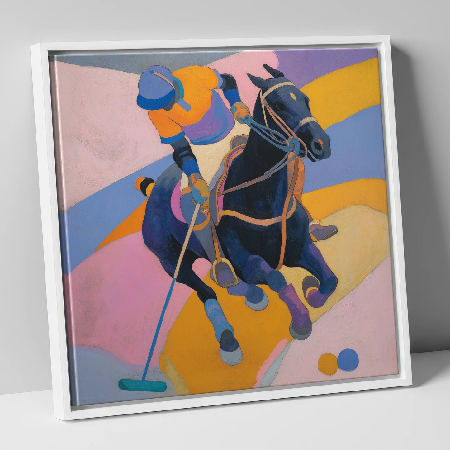 Vivid Polo Strike polo horse canvas wall art in white frame